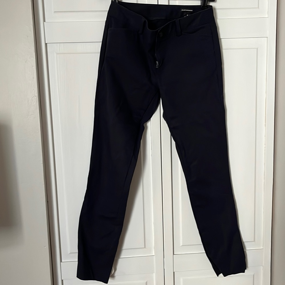 Navy Pants with black leather detail on pocket
